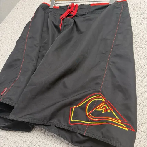 Y2K Quiksilver Black & Red Embroidered Boardshorts, vintage Quiksilver boardshorts
